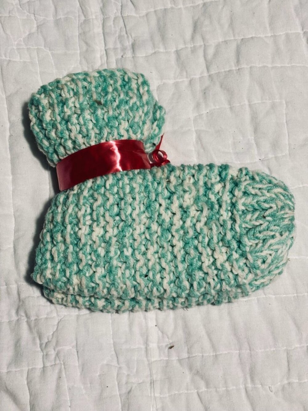 Handmade Knitted Slippers For Women In Green & White With Red Ribbon Accent